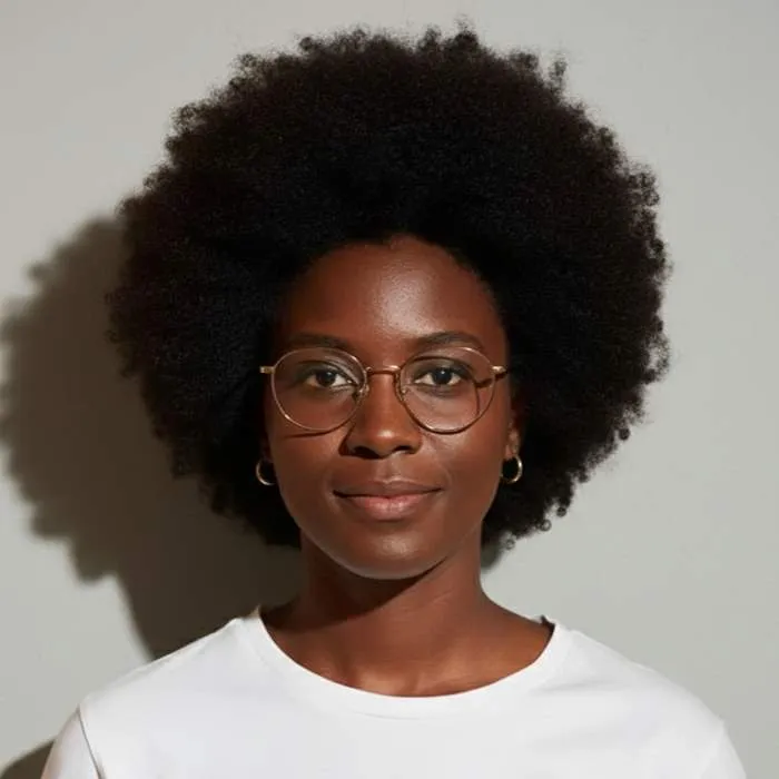 Portrait d'une femme noire avec une coiffure afro, portant des lunettes rondes et un t-shirt blanc, sur fond gris.
